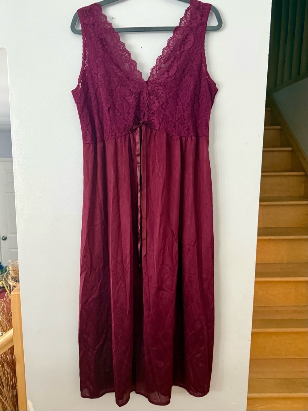 Vintage Burgundy Lace Empire Waist Maxi Nightgown